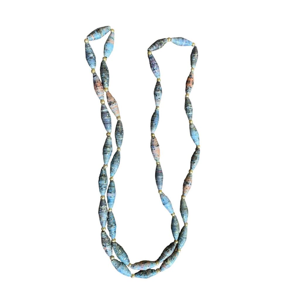 Wrapped Rolled Paper Strip Necklace with Gold Tone Spacers 40” Artsy Bohemian